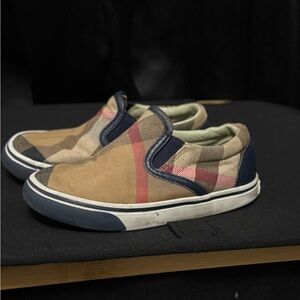 Burberry Kids Slip-On Plaid Sneakers in Beige, Navy and Red